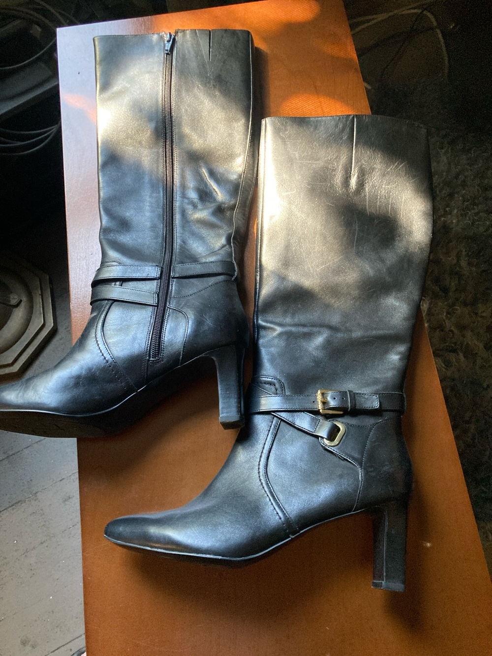 Ralph Lauren Black Leather Tall Heeled Boots with Buckle Strap
